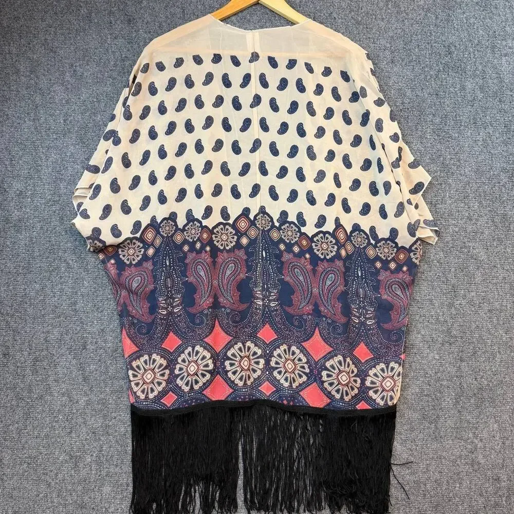 M. Fasis California Blue Fringe Paisley Sheer Shawl Kimono L